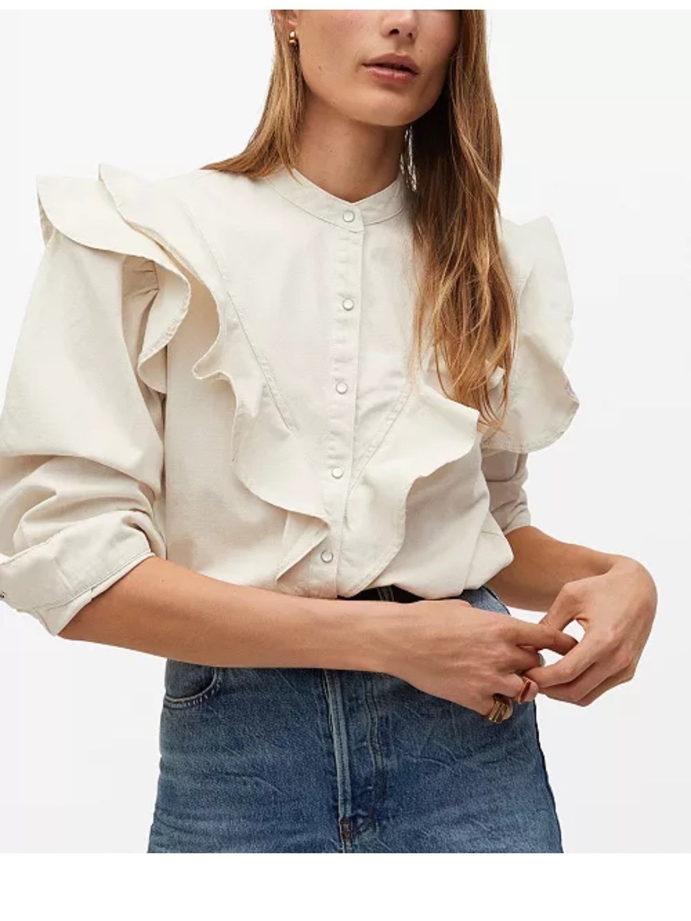 Mango Cream Ruffled Snap-Front Blouse